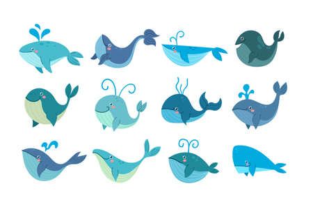 Set of different cartoon whales characters for childrent book isolated on white backgroundのイラスト素材