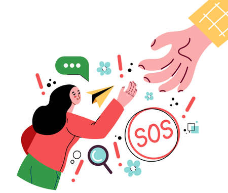 Helping hand assistance rescue problems care abstract concept. Modern style flat cartoon graphic illustrationのイラスト素材