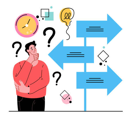 Man character making hard decision and choosing options future. Future question thinking process abstract concept. Modern style flat cartoon graphic illustrationのイラスト素材