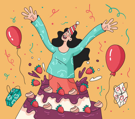 Happy smiling woman girl character jumping from big cake. Happy birthday congratulations postcard vector banner illustrationのイラスト素材