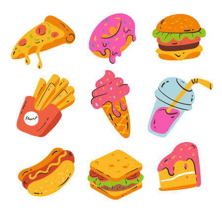 Fast food hand drawn design element isolated setのイラスト素材