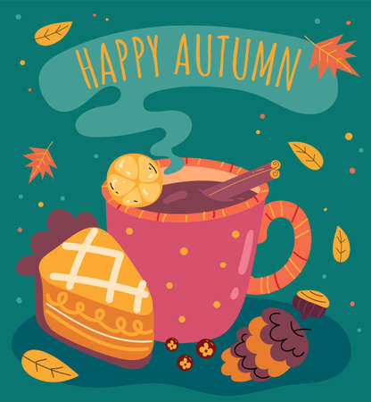 Cup of tea coffee hot chocolate with pie. Autumn breakfast simple flat illustrationのイラスト素材