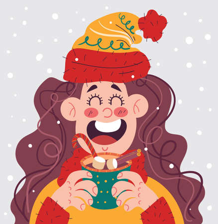 Girl woman character drinking hot winter drink. Merry Christmas and Happy New Year card flat cartoon illustrationのイラスト素材