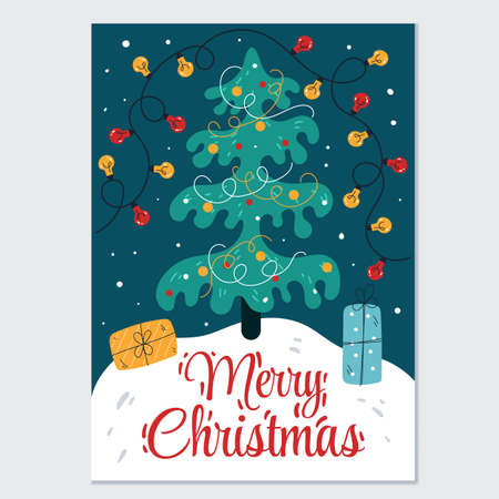 Merry Christmas and Happy New Year party greeting tree pine card flyer poster design element vector illustrationのイラスト素材