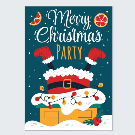 Merry Christmas and Happy New Year party greeting Santa Clause in chimney card flyer poster design element vector illustrationのイラスト素材