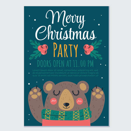 Merry Christmas and Happy New Year party greeting forest animal bear card flyer poster design element vector illustrationのイラスト素材