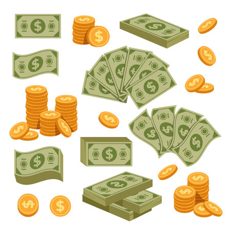 Paper green dollar money banknote and golden coins isolated design element vector flat setのイラスト素材