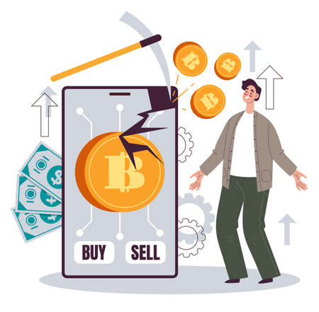 Cryptocurrency bitcoin mining online internet investment finance exchange concept. Vector flat cartoon design illustrationのイラスト素材