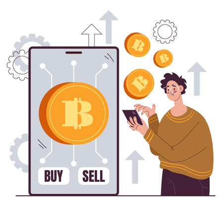 Cryptocurrency bitcoin mining online internet investment finance exchange concept. Vector flat cartoon design illustrationのイラスト素材