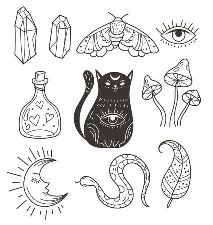 Esoteric boho witch hand drawn design element set collectionのイラスト素材