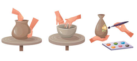 Pottery hand made hobby workshop craft steps illustration. Vector graphic design conceptのイラスト素材