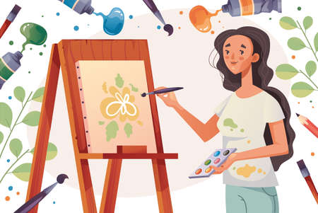 Woman artist character painting. Vector graphic design illustration conceptのイラスト素材