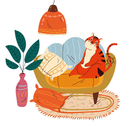 Cute domestic cat in living room concept. Vector flat cartoon graphic design illustrationのイラスト素材