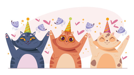 Happy birthday cat character holiday greeting cards composition. Vector flat cartoon graphic design illustrationのイラスト素材