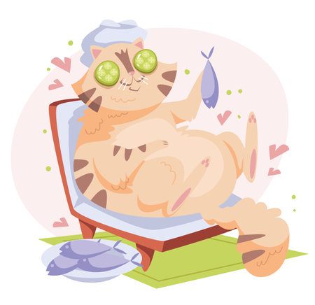 Happy smiling cute cat character relaxing in spa grooming salon composition. Vector flat cartoon graphic design illustrationのイラスト素材