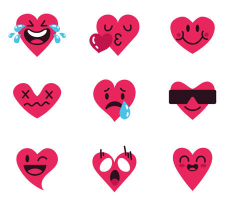 Hearts characters with different face expressions isolated design element set. Vector graphic design illustrationのイラスト素材