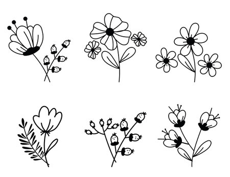 Line art flowers bouquet leaves floral isolated design element concept setのイラスト素材