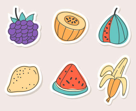 Fruits stickers doodle style cartoon isolated set collection design element concept illustrationのイラスト素材