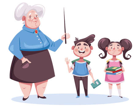Teacher professor with school children student pupilds kids characters concept. Vector design graphic element illustrationのイラスト素材