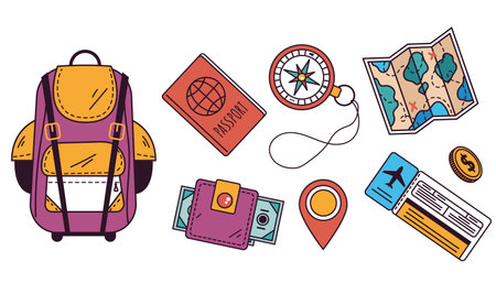 Travel tourist accessories line art doodle style design element illustration set collectionsのイラスト素材