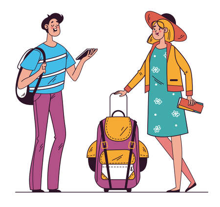 Travel tourists man woman couple journey trip vacation doodle style hand drawn line art isolated graphic design element concept illustration set collectionのイラスト素材