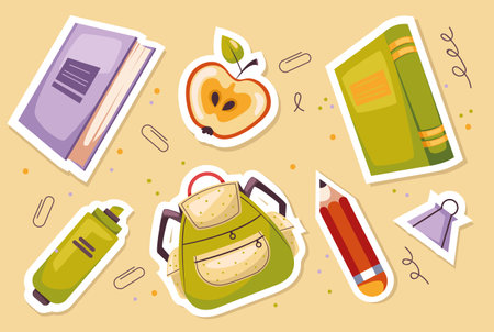School stationery subjects learning stickers education supplies isolated on white background set. Vector design graphic element illustrationのイラスト素材