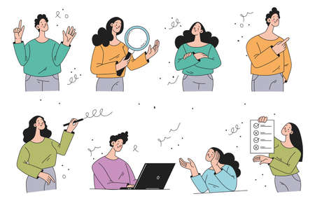 Business office workers people characters corporate management doodle line style concept isolated design element illustration setのイラスト素材