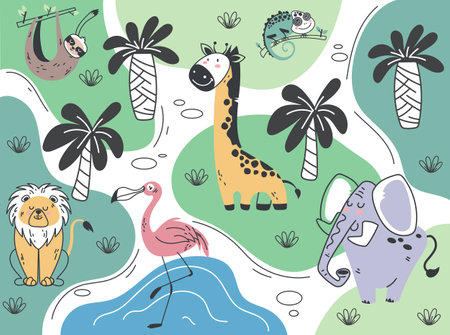 Jungle safari animal park map plan landscape africa graphic design illustrationのイラスト素材