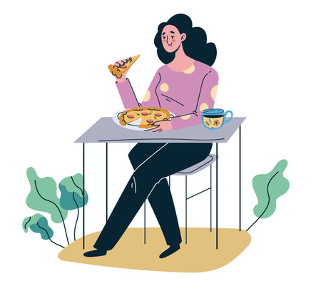 Woman character eating pizza at cafe graphic design illustrationのイラスト素材