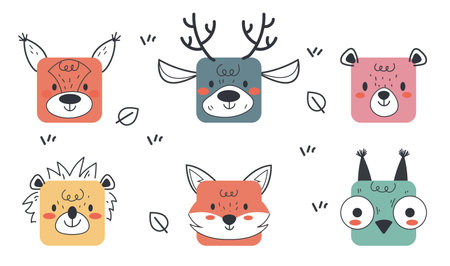 Cute face animal square shape avatar isolated set collection graphic design illustrationのイラスト素材