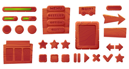 Game ui wooden interface slider button bar menu frame abstract design element concept illustration setのイラスト素材
