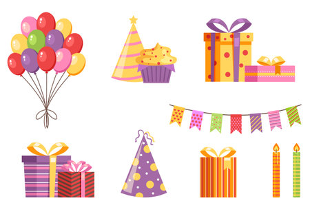Birthday party present box card cupcake abstract design element concept illustration setのイラスト素材