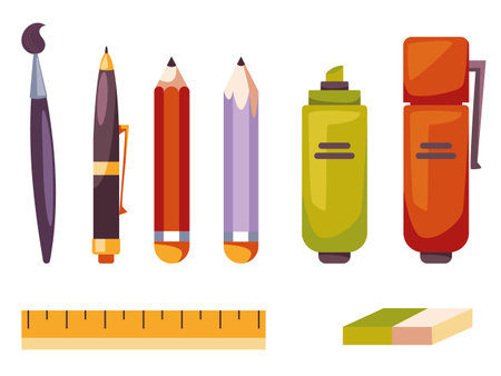 Pen pencil marker school supplies stationery education design element concept illustration setのイラスト素材