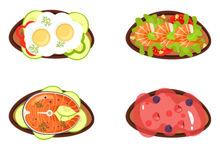 Bread toasted sandwiches with different ingredients isolated set. Healthy morning breakfast. Vector design graphic illustrationのイラスト素材