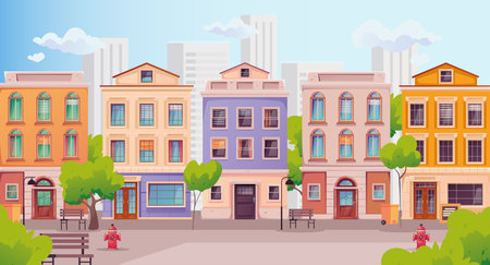 City street vector background background building cartoon house town europe cityscape concept. Vector design graphic illustrationのイラスト素材