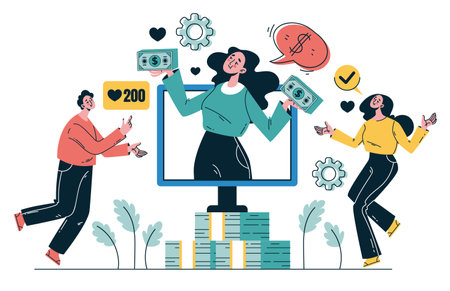 Social media influence content advertising personal online broadcast with followers and feedback. Graphic design vector illustrationのイラスト素材