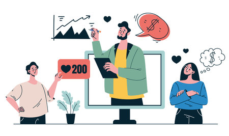 Social media influence content advertising personal online broadcast with followers and feedback. Graphic design vector illustrationのイラスト素材