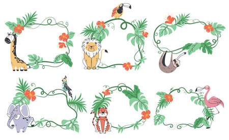 Jungle animal frame tropical safari card border concept set. Vector graphic design illustrationのイラスト素材