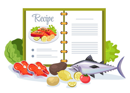 Book cook food cookbook recipe ingredients composition concept. Vector graphic design illustrationのイラスト素材