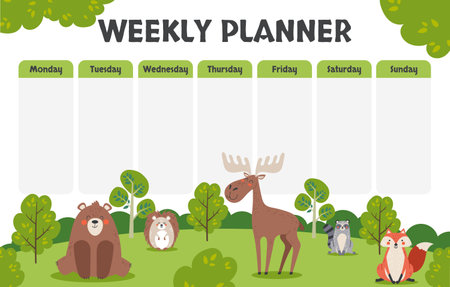 Kids forest animal planner template school week poster concept. Vector graphic design illustrationのイラスト素材