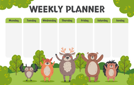 Kids forest animal planner template school week poster concept. Vector graphic design illustrationのイラスト素材
