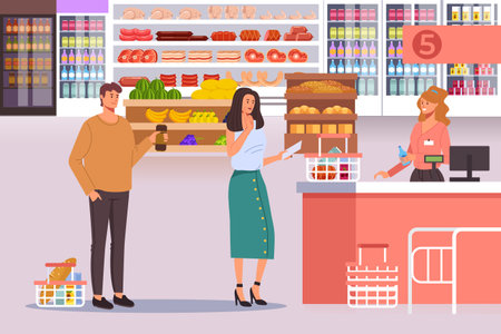 Supermarket shop food grocery store with people concept. Vector graphic design illustrationのイラスト素材