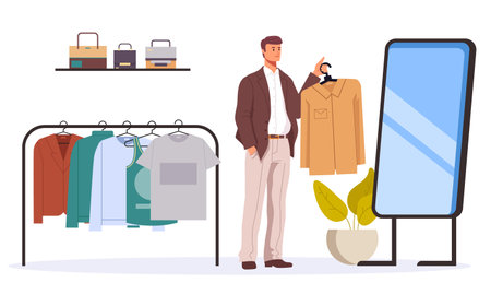 Dress fashion outfit clothes wardrobe. People trying clothes looking mirror concept. Vector graphic design illustrationのイラスト素材