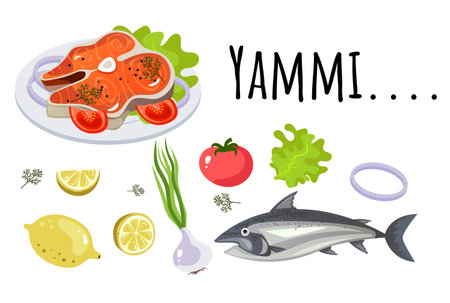 Food fish restaurant dish ingredient abstract concept set. Vector graphic design illustrationのイラスト素材