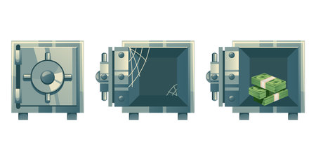 Safe box open full of money and empty bank security isolated set. Vector graphic design illustrationのイラスト素材