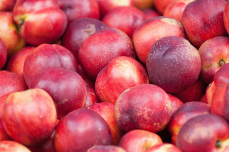 Heap of ripe nectareine peaches, selective focusの写真素材