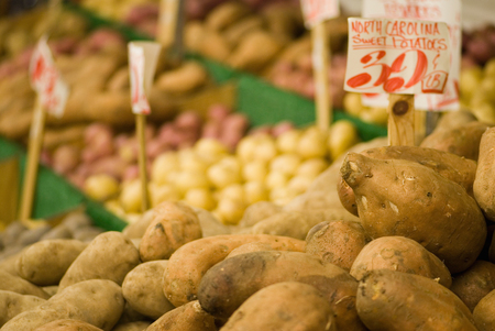 Sweet potaoes in the market stall. Foreground in focus, other potato varieties in the backgroundの写真素材