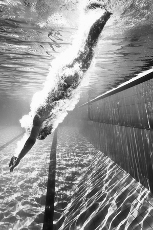 Diving into the pool, underwater, black and whiteの写真素材