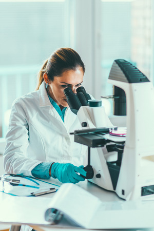 Female chemist or lab technician researching samples in laboratoryの写真素材