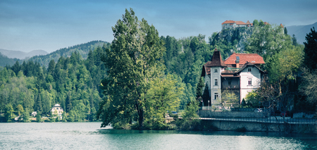 Bled lake, Slovenia, toned panoramic imageのeditorial素材